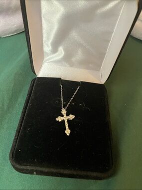 Delicate Crystal Cross Pendant Necklace - Silver Tone